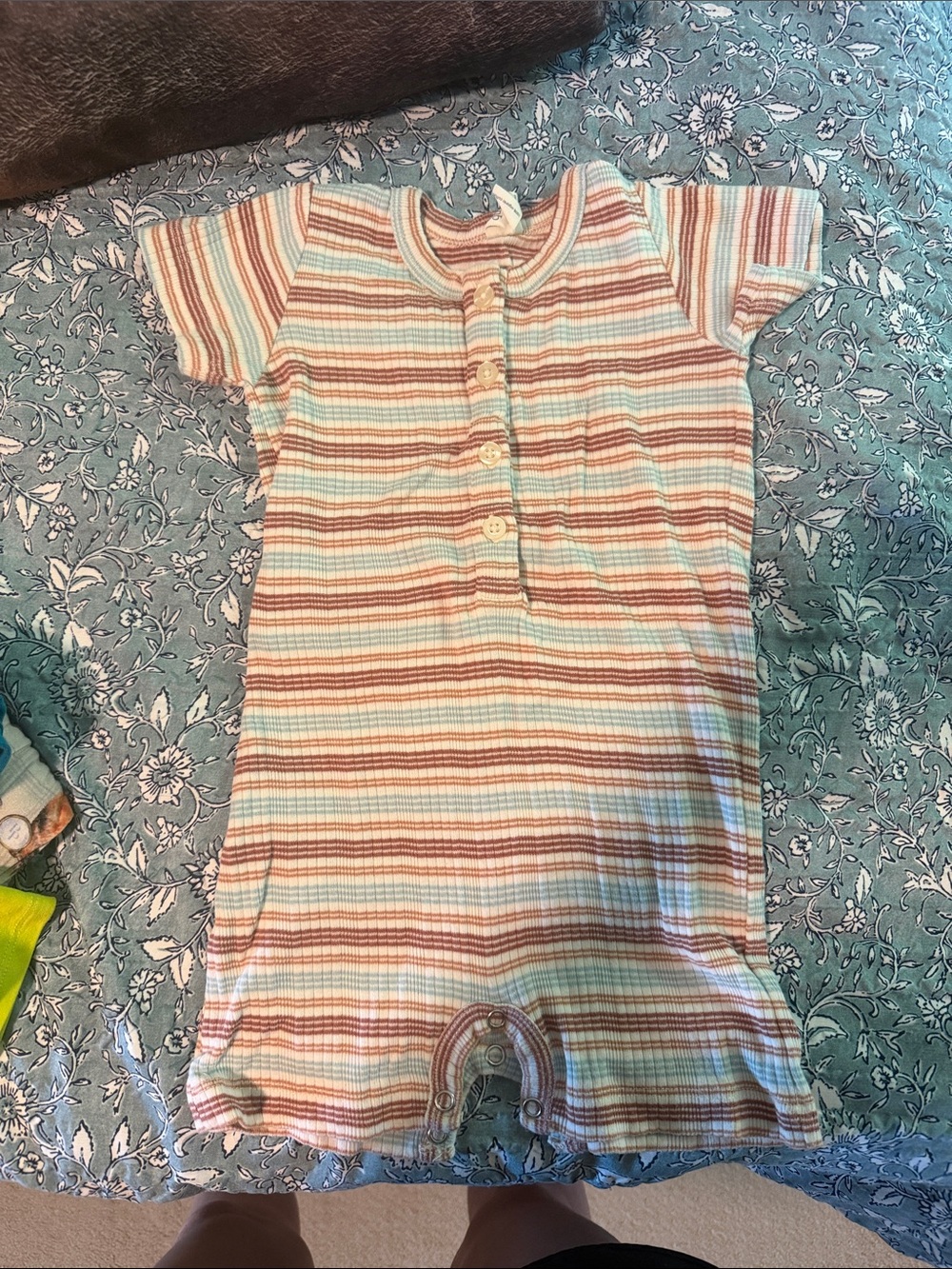 kate quinn Striped Short-Sleeve One-Piece Romper in Cream, Brown, Mint